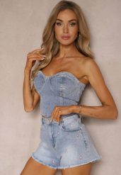 Niebieskie Jeansowe Szorty High Waist Hindia. Niebieskie szorty Renee, bez wzorów, z jeansu, eleganckie. W wyprzedaży za 67.99 zł.