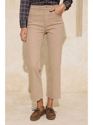 Trendyol Dżinsy - Flare fit - w kolorze jasnobrązowym rozmiar: 42. Brązowe jeansy Trendyol, bez wzorów, klasyczne, z podwyższonym stanem. Za 117.99 zł.