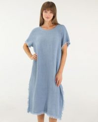 Luźna sukienka z bawełny. Niebieskie sukienki Unisono, l, bez wzorów, z bawełny, bez kołnierzyka, bez ramiączek, mini. Za 199.00 zł.