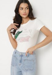 Biały Bawełniany T-shirt z Nadrukiem z Cyrkoniami Karissen. Białe t-shirty Born2be, m, bez wzorów, z bawełny, eleganckie, bez kołnierzyka, bez ramiączek. Za 49.99 zł.