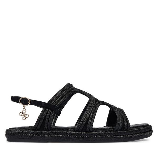 Sandały Guess. Czarne sandały Guess, z aplikacjami, bez obcasa, na płaskiej podeszwie, bez zapięcia. Za 549.99 zł.