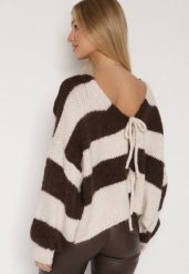 Brązowy Wiązany Kardigan Oversize w Paski z Dodatkiem Wełny i Wiskozy Retire. Brązowe swetry Born2be, uniwersalny, bez wzorów, z dzianiny, bez ramiączek. Za 149.99 zł.
