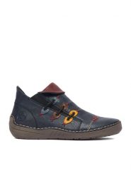 Rieker Botki CEO-72581-14 Granatowy. Niebieskie botki Rieker, bez wzorów, ze skóry, bez obcasa, na płaskiej podeszwie, bez zapięcia. Za 349.99 zł.