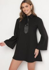 Czarna Sukienka Trapezowa z Szerokimi Rękawami Kołnierzykiem i Krawatem Ralliora. Czarne sukienki Born2be, na co dzień, uniwersalny, bez wzorów, eleganckie, bez kołnierzyka, bez ramiączek, mini, trapezowe. W wyprzedaży za 127.49 zł.