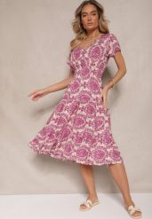 Różowa Rozkloszowana Sukienka z Bawełny z Gumką w Talii Desanita. Czerwone sukienki Renee, na co dzień, l, bez wzorów, z bawełny, eleganckie, bez kołnierzyka, bez ramiączek, midi, kopertowe. W wyprzedaży za 43.99 zł.