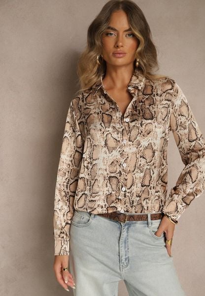 Brązowa Koszula Vices z Satynowej Tkaniny w Wężowy Print Resmina. Brązowe koszule Renee, l, bez wzorów, z jeansu, eleganckie, bez kołnierzyka, bez ramiączek. Za 69.99 zł.