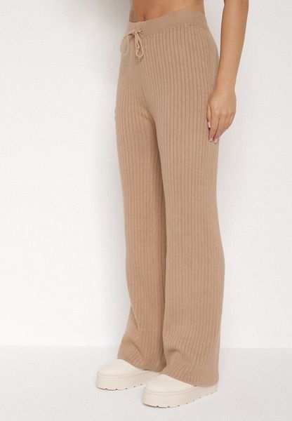 Beżowe Prążkowane Spodnie z Wełną o Szerokim Kroju z Wysokim Stanem Reinnia. Brązowe jeansy Born2be, s, bez wzorów, z jeansu, z podwyższonym stanem. Za 79.99 zł.