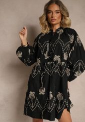 Czarna Bawełniana Sukienka Ozdobiona Palmowym Haftem Sarlio. Czarne sukienki Renee, na imprezę, m, bez wzorów, z bawełny, eleganckie, bez kołnierzyka, bez ramiączek, mini. W wyprzedaży za 143.99 zł.