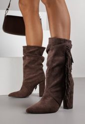 Brązowe Botki Kowbojki na Słupku z Frędzlami Reisetia. Brązowe botki Renee, bez wzorów, z jeansu, eleganckie, bez obcasa, na obcasie, bez zapięcia. Za 169.99 zł.