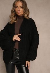 Czarny Oversizowy Kardigan Bez Zapięć z Dodatkiem Wełny i Wiskozy Titanesa. Czarne swetry Renee, z aplikacjami, z koronki, bez ramiączek. Za 169.99 zł.