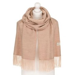 Beżowy szal damski z poliestru i wiskozy ozdobiony frędzlami - Rovicky. Brązowe szaliki i kominy ROVICKY, bez wzorów, z wiskozy, biznesowe. Za 55.00 zł.