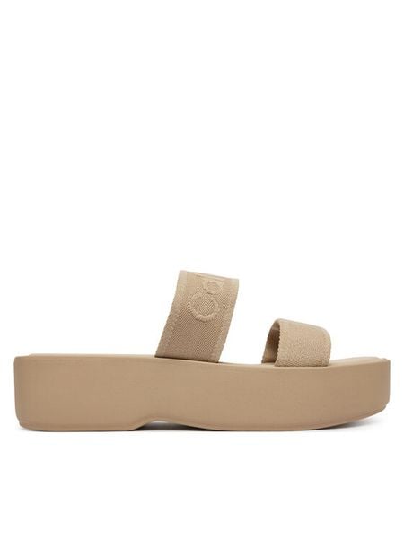 Calvin Klein Klapki Flatform Sndl Webbing HW0HW02878 Beżowy. Brązowe klapki Calvin Klein, bez wzorów, z materiału, bez obcasa, bez zapięcia. Za 192.99 zł.