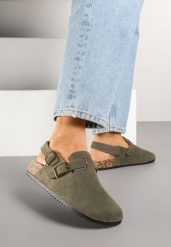 Zielone Klapki Chodaki z Klamerką i Paskiem na Pięcie Norilsa. Zielone klapki Born2be, bez wzorów, z jeansu, bez obcasa, na obcasie, bez zapięcia. Za 69.99 zł.