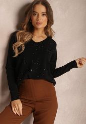Czarny Sweter z Trójkątnym Dekoltem i Cyrkoniami Desiress. Czarne swetry Renee, m, z aplikacjami, z dzianiny, casualowe, bez ramiączek. W wyprzedaży za 71.99 zł.