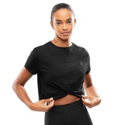 Damska koszulka sportowa z węzłem Fitness Siroko Space Black. Czarne t-shirty sportowe SIROKO, bez wzorów, z bawełny, bez ramiączek, na fitness i siłownię. Za 148.00 zł.
