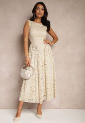 Beżowa Rozkloszowana Sukienka z Koronki z Wycięciem na Plecach Meltewia. Brązowe sukienki Renee, na co dzień, m, bez wzorów, z koronki, eleganckie, bez kołnierzyka, bez ramiączek, maxi, rozkloszowane. W wyprzedaży za 139.99 zł.