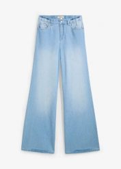 Jeansy wide leg, high waist, full length, z wygodnym pasem. Niebieskie jeansy bonprix, bez wzorów, z denimu, z podwyższonym stanem, długie. Za 142.99 zł.