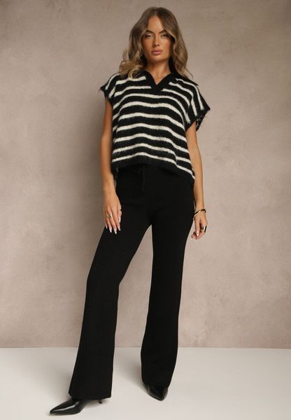 Czarne Dzianinowe Spodnie Wide Leg z Ociepleniem Miosea. Czarne jeansy Renee, s, bez wzorów, z dzianiny, eleganckie, z podwyższonym stanem. Za 79.99 zł.