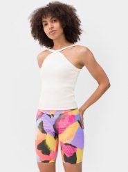 4F Crop-top z prążkowanej dzianiny damski XL. Fioletowe topy 4f, xl, bez wzorów, z dzianiny, bez kołnierzyka, bez ramiączek. W wyprzedaży za 14.99 zł.