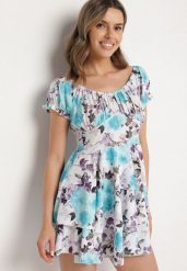 Jasnoniebieska Sukienka z Bawełną Typu Hiszpanka w Kwiaty Avfenna. Niebieskie sukienki Born2be, na co dzień, l, bez wzorów, z bawełny, eleganckie, bez kołnierzyka, bez ramiączek, mini. W wyprzedaży za 46.74 zł.
