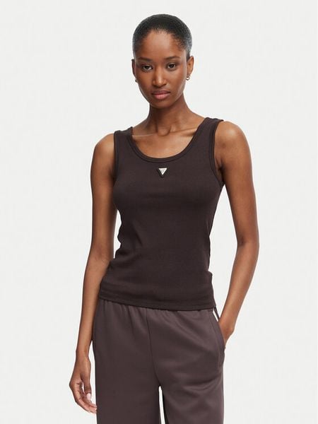 Guess Top V6YP09 K4312 Brązowy ciemny Regular Fit. Brązowe topy Guess, m, z aplikacjami, z bawełny, bez kołnierzyka, bez ramiączek. Za 154.99 zł.