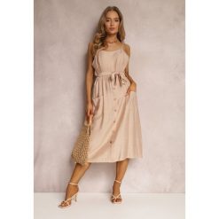 Beżowa Sukienka Hami. Brązowe sukienki Renee, l, z aplikacjami, z materiału, eleganckie, bez kołnierzyka, bez ramiączek, midi. W wyprzedaży za 63.99 zł.
