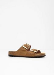 Klapki marki Tamaris ze skóry z klamrami. Brązowe klapki bonprix, bez wzorów, ze skóry, bez obcasa, bez zapięcia. Za 219.99 zł.
