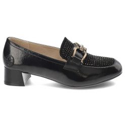 Czarne Półbuty Rieker Eleganckie Obuwie Damskie Na Obcasie. Czarne półbuty wsuwane Rieker, z aplikacjami, z lakierowanej skóry, eleganckie, bez obcasa, na obcasie. Za 341.99 zł.
