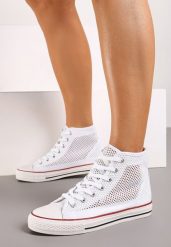 Białe Trampki z Wysoką Cholewką Ozdobione Perforacją Velagia. Białe trampki Born2be, bez wzorów, klasyczne, przed kolano, bez zapięcia. Za 79.99 zł.