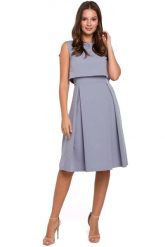 Szara Rozkloszowana Sukienka z Wycięciem na Plecach. Szare sukienki MAKEOVER, l, bez wzorów, z elastanu, wizytowe, bez kołnierzyka, bez ramiączek, rozkloszowane. Za 218.91 zł.