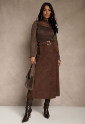 Brązowa Spódnica z Wiskozy z Bawełną z Imitacji Zamszu z Paskiem Oliweda. Brązowe spódnice Renee, na co dzień, l, bez wzorów, z bawełny, midi. Za 139.99 zł.