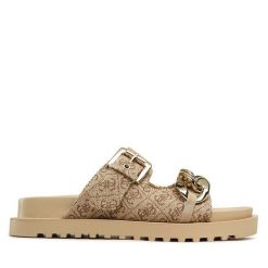 Klapki Guess. Brązowe klapki Guess, z aplikacjami, bez obcasa, bez zapięcia. Za 459.99 zł.