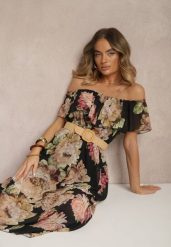 Czarna Sukienka Hiszpanka z Kwiatowym Wzorem i Plecionym Paskiem Sadeene. Czarne sukienki Renee, na co dzień, m, bez wzorów, eleganckie, bez kołnierzyka, bez ramiączek, midi. W wyprzedaży za 107.99 zł.