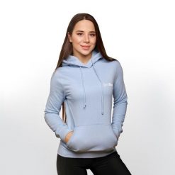 Bluza damska fitness z kapturem niebieska PRO Hoodie. Niebieskie bluzy GYMBEAM, l, bez wzorów, z bawełny, klasyczne, bez ramiączek, z kapturem. Za 88.90 zł.