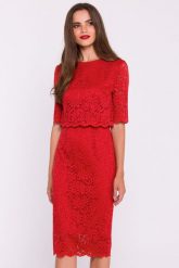 Elegancka ołówkowa dwuczęściowa sukienka koronkowa czerwona. Czerwone sukienki Stylove, s, bez wzorów, z koronki, eleganckie, bez kołnierzyka, bez ramiączek, ołówkowe. Za 449.00 zł.