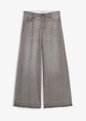 Dżinsy z szerokimi nogawkami, mid waist, z wygodnym paskiem. Szare jeansy bonprix, bez wzorów, z denimu. Za 117.99 zł.