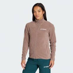 Bluza polarowa Multi Essentials z suwakiem na całej długości. Brązowe bluzy bez kaptura adidas, l, bez wzorów, z materiału, bez kaptura, trekkingowe. Za 219.00 zł.