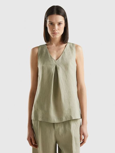 Benetton Lniana bluzka w kolorze khaki rozmiar: S. Brązowe bluzki Benetton, s, bez wzorów, ze lnu, bez kołnierzyka, bez ramiączek. Za 74.28 zł.