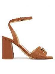 Guess Sandały FLJGRT LEA03 Brązowy. Brązowe sandały Guess, z aplikacjami, ze skóry, bez obcasa, na słupku, bez zapięcia. Za 449.99 zł.