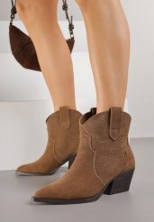 Brązowe Botki Typu Kowbojki na Stożku ze Skóry Naturalnej Clearfeather. Brązowe botki Renee, bez wzorów, z jeansu, klasyczne, bez obcasa, na obcasie, bez zapięcia. Za 199.99 zł.