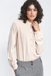 Elegancka Bluzka na Stójce - Beżowa. Brązowe bluzki Nife, xs, bez wzorów, z materiału, eleganckie, bez kołnierzyka, bez ramiączek. Za 209.90 zł.