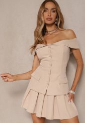 Beżowy Komplet Bluzka Hiszpanka Zapinana na Guziki i Rozkloszowana Spódnica Saladriela. Brązowe bluzki Renee, m, bez wzorów, eleganckie, bez kołnierzyka, bez ramiączek. W wyprzedaży za 135.99 zł.