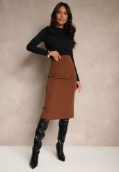 Brązowa Spódnica o Ołówkowym Kroju High Waist z Rozcięciem z Tyłu Liozia. Brązowe spódnice Renee, uniwersalny, bez wzorów, z jedwabiu, eleganckie, midi, ołówkowe. W wyprzedaży za 38.99 zł.