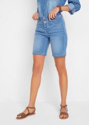 Bermudy dżinsowe ze stretchem. Niebieskie jeansy bonprix, bez wzorów, z jeansu. Za 114.99 zł.