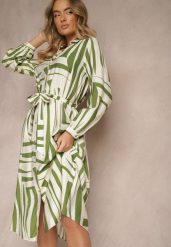Zielona Sukienka z Wiskozą o Koszulowym Kroju w Geometryczny Print Ninatria. Zielone sukienki Renee, na co dzień, l, bez wzorów, z wiskozy, eleganckie, bez kołnierzyka, bez ramiączek, midi, koszulowe. W wyprzedaży za 107.99 zł.