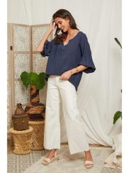 Lin Passion Lniana bluzka w kolorze granatowym rozmiar: 36/38. Niebieskie bluzki Lin Passion, bez wzorów, ze lnu, klasyczne, bez kołnierzyka, bez ramiączek. Za 113.99 zł.