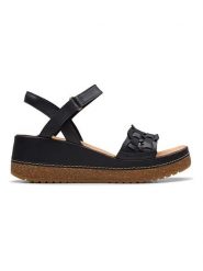 Clarks Skórzane sandały "Kassanda Bar" w kolorze czarnym na koturnie rozmiar: 40. Czarne sandały Clarks, bez wzorów, z otwartym noskiem, bez obcasa, na koturnie, bez zapięcia. Za 301.20 zł.