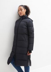 Płaszcz outdoorowy z puchem z recyklingu i termoizolacyjną technologią. Czarne płaszcze bonprix, bez wzorów, z puchu, bez kaptura. Za 599.99 zł.