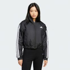 Kurtka Essentials 3-Stripes Insulated Crop Bomber. Czerwone kurtki adidas, xl, bez wzorów, z materiału, bez kaptura. Za 379.00 zł.