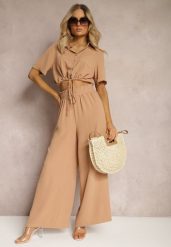 Ciemnobeżowy Dwuczęściowy Komplet Koszula z Krótkim Rękawem i Guzikami Spodnie z Gumką w Talii Zinesaa. Brązowe koszule Renee, xl, bez wzorów, eleganckie, bez kołnierzyka, bez ramiączek. W wyprzedaży za 67.99 zł.